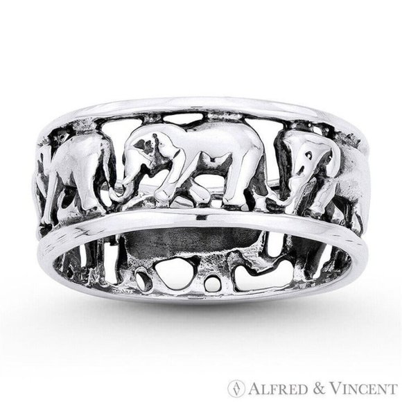 Elephant Herd Animal Charm Eternity Band in .925 Sterling Silver - Size 6 - Picture 1 of 1